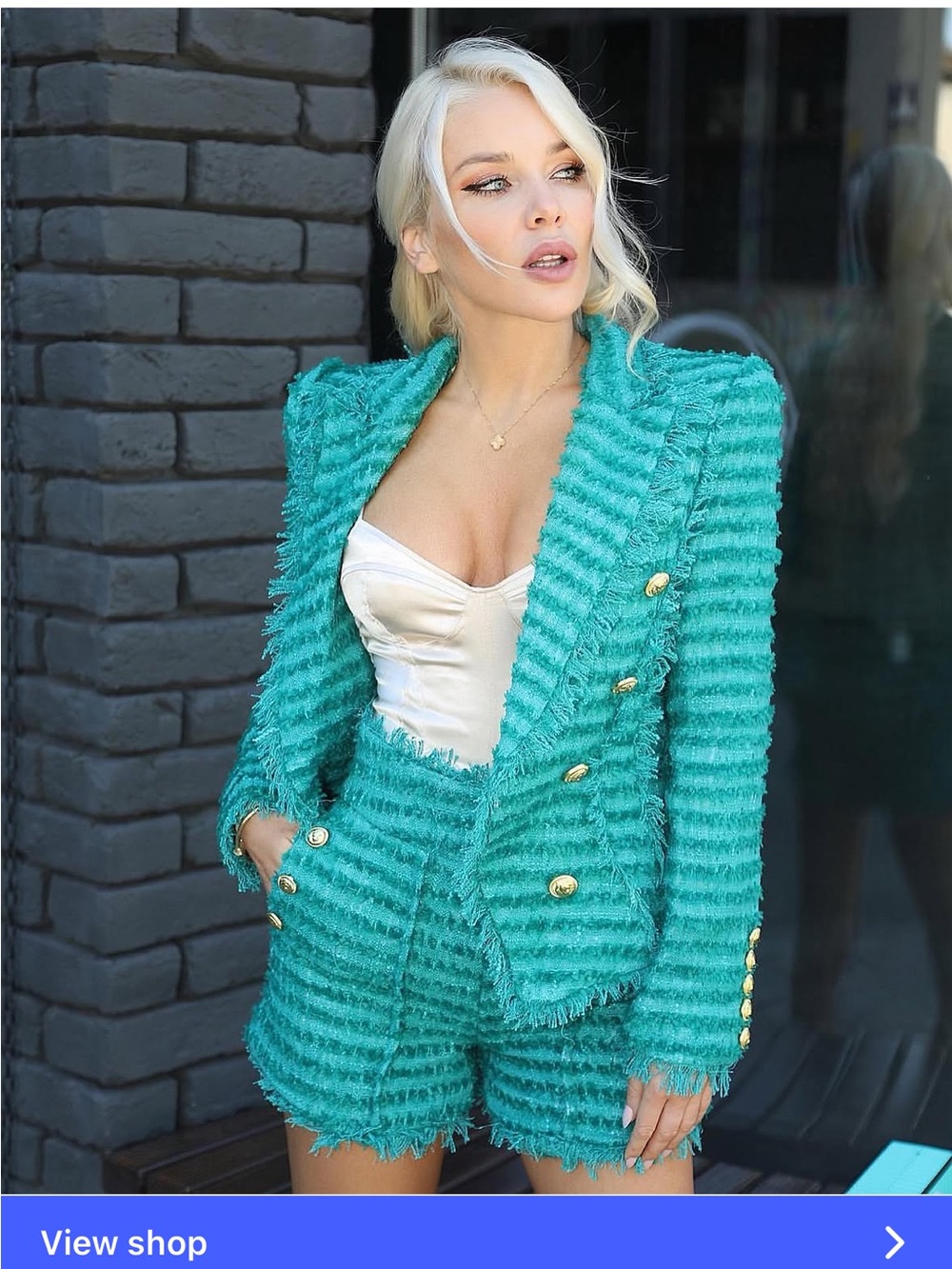 Textured Teal Two-Piece Tweed Blazer & Shorts Set